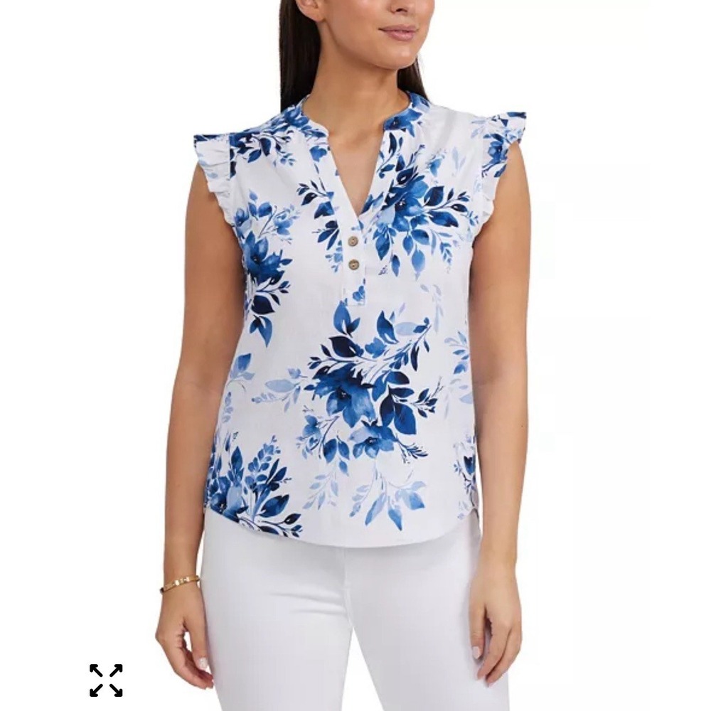 Ellen Tracy Linen Blend Floral Beachy Lounge Comfort‎ Sleeveless Blouse Medium